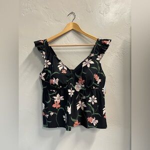 Shade & Shore Women’s Black Ruffle Plunge Floral Tankini Top 1X (16-18) NWT